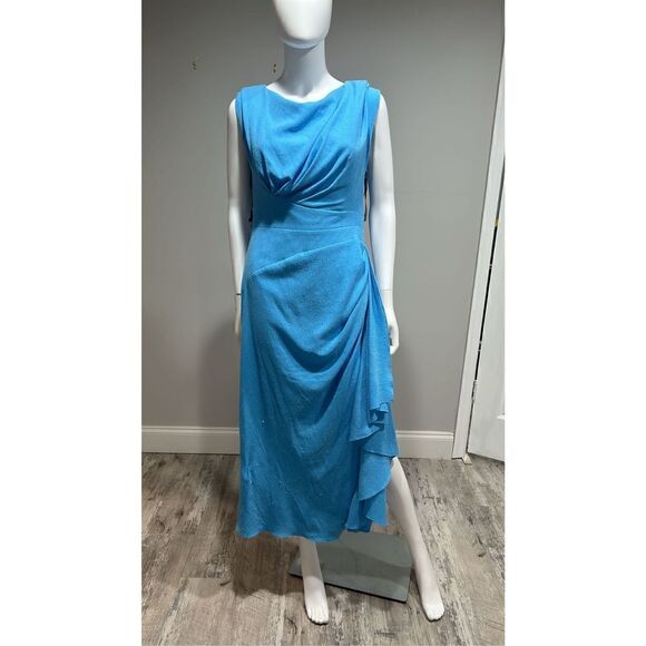 Lela Rose Blue Textured Crepe Side Ruched Midi Dress Size 6 - Picture 4 of 7